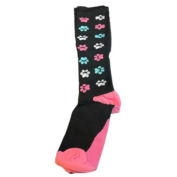 Compression Women Socks Nurse Travel Knee High Colorful Paw Prints S/M‎ NEW - Picture 1 of 4